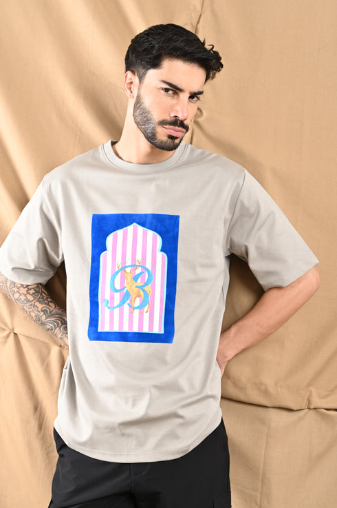Oversized Mercerized Graphic Tee In Stone Grey