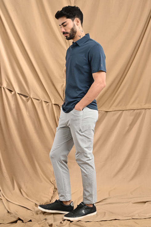 Laser Cut Microdot Polo In Slate Blue