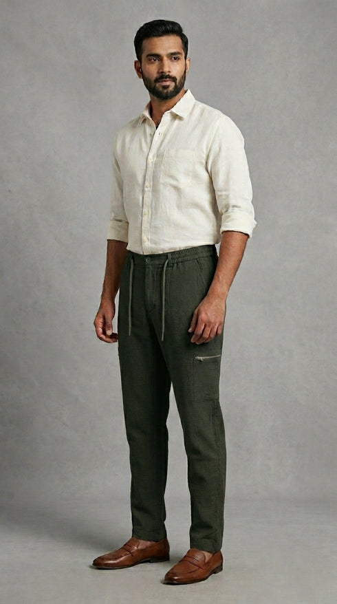 Stretchable Linen Pants- Khakhi Green