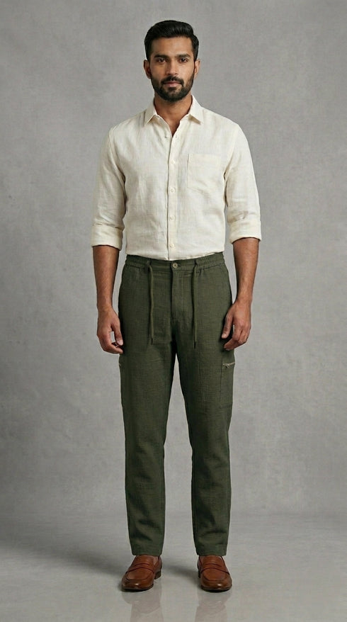 Stretchable Linen Pants- Khakhi Green