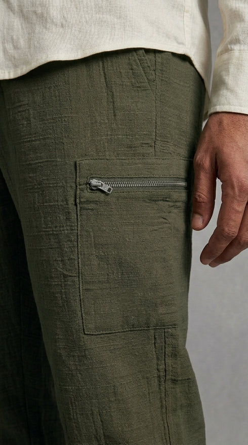 Stretchable Linen Pants- Khakhi Green
